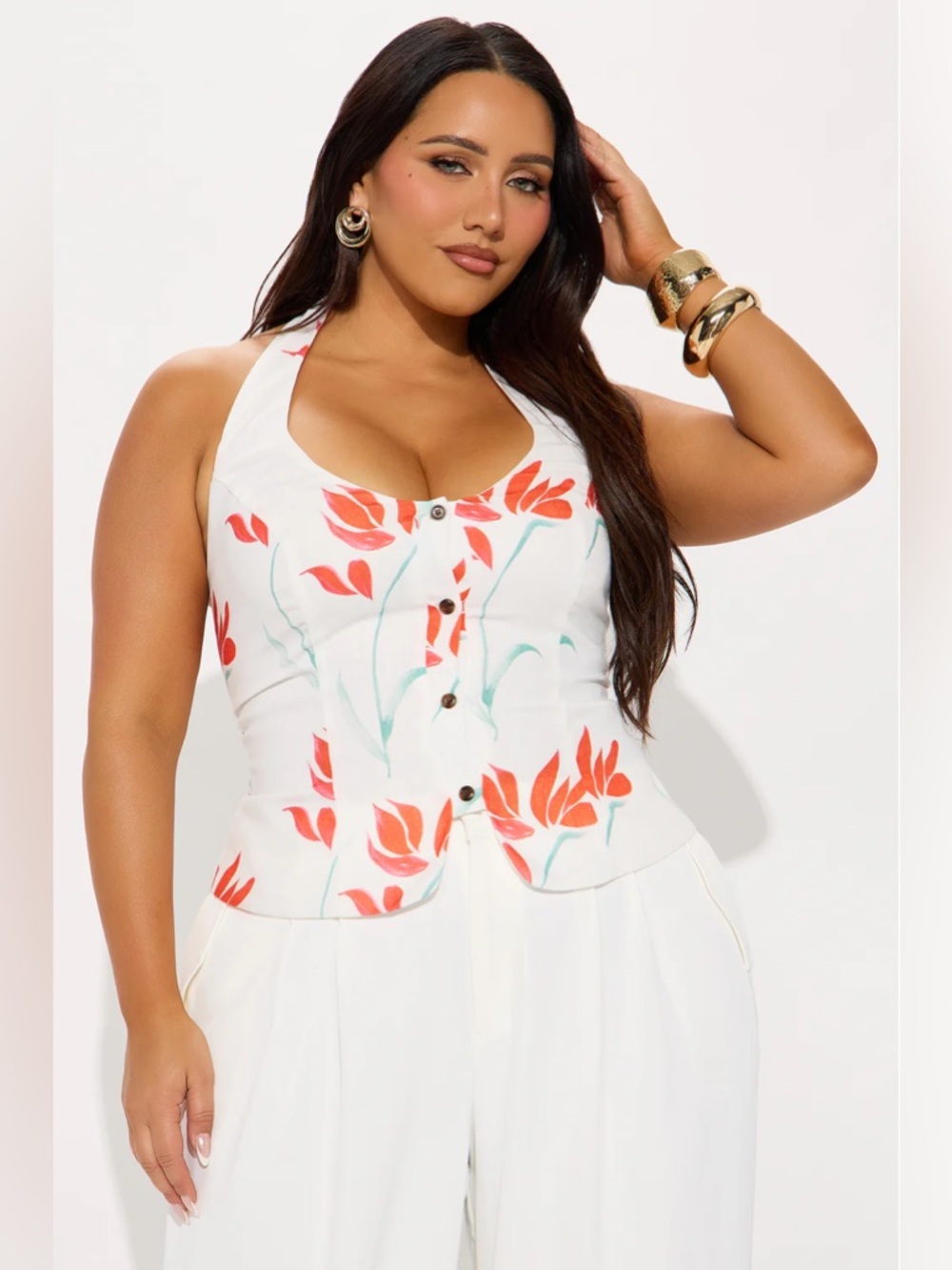 Fashion Nova White Halter Floral Button Vest with Coral & Mint Accents